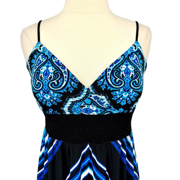 Muse Boston Proper Smocked Empire Waist Maxi Dress 8 Paisley Blue Black Padded - Picture 3 of 11